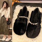 Damen Hausschuhe mit weichem Fell und eleganter Perlenverzierung R&B