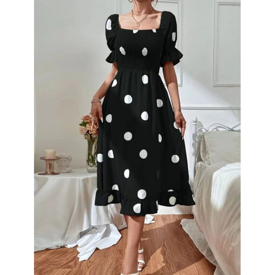 Damen Off-Shoulder Midi-Kleid mit Rüschensaum und Punkte-Design R&B