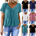 Damen luftige V-Ausschnitt Bluse mit Plissee und kurzen Ärmeln R&B