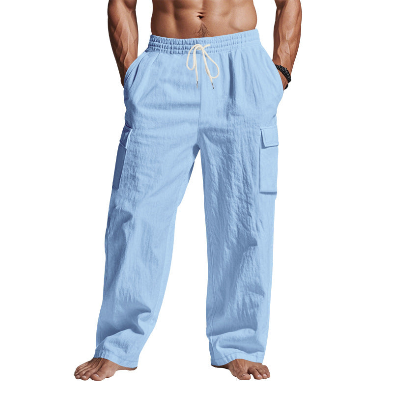 Herren nan lockere Leinen-Cargohose mit elastischem Tunnelzugbund und aufgesetzten Klappentaschen R&B