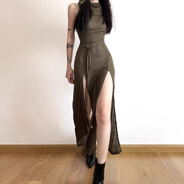 Damen Elegantes Maxikleid mit hohem Schlitz und Kapuze R&B