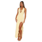 Damen Maxi-Kleid mit Halterneck und asymmetrischen Rüschendetails R&B