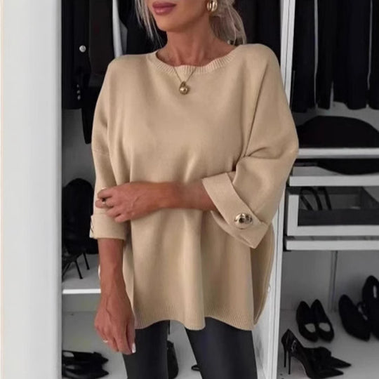 Damen lässiges Strickoberteil mit weiten Ärmeln und dekorativen Knöpfen R&B