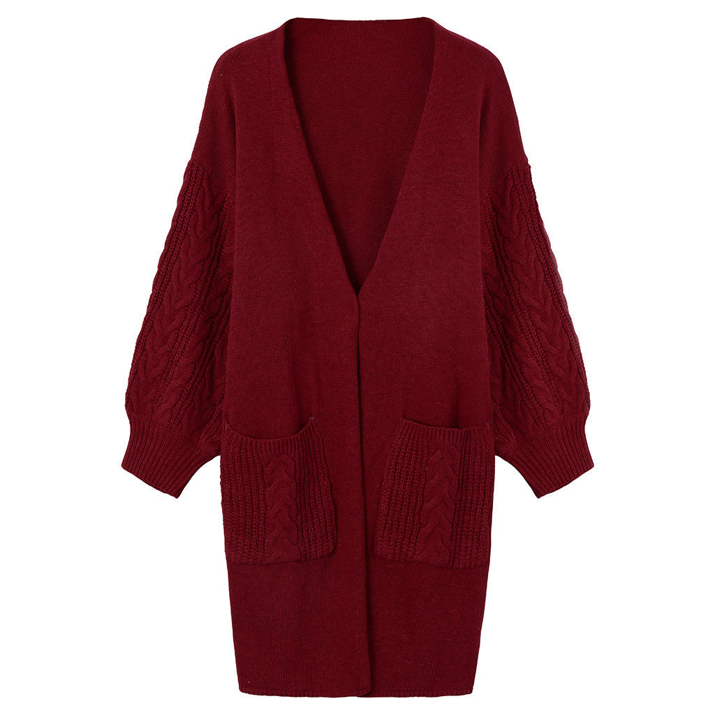 Damen Strickmantel mit tiefem V-Ausschnitt und groben Zopfstrickdetails R&B