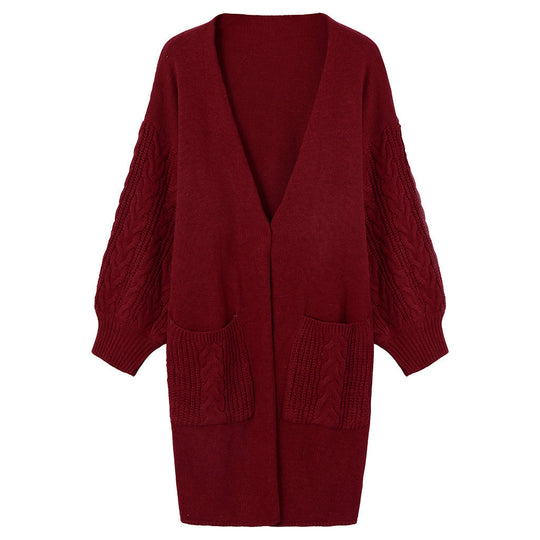 Damen Strickmantel mit tiefem V-Ausschnitt und groben Zopfstrickdetails R&B