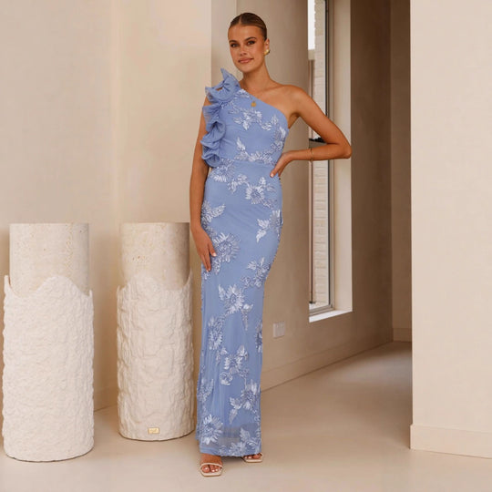 Damen Elegantes und figurbetontes Maxikleid mit asymmetrischem Träger und floralen Applikationen R&B