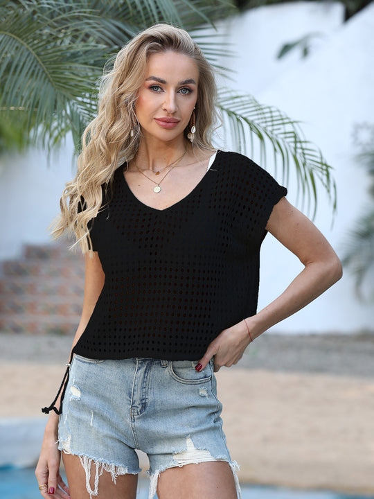Damen luftige Häkelbluse mit elegantem V-Ausschnitt und Kordelzug R&B