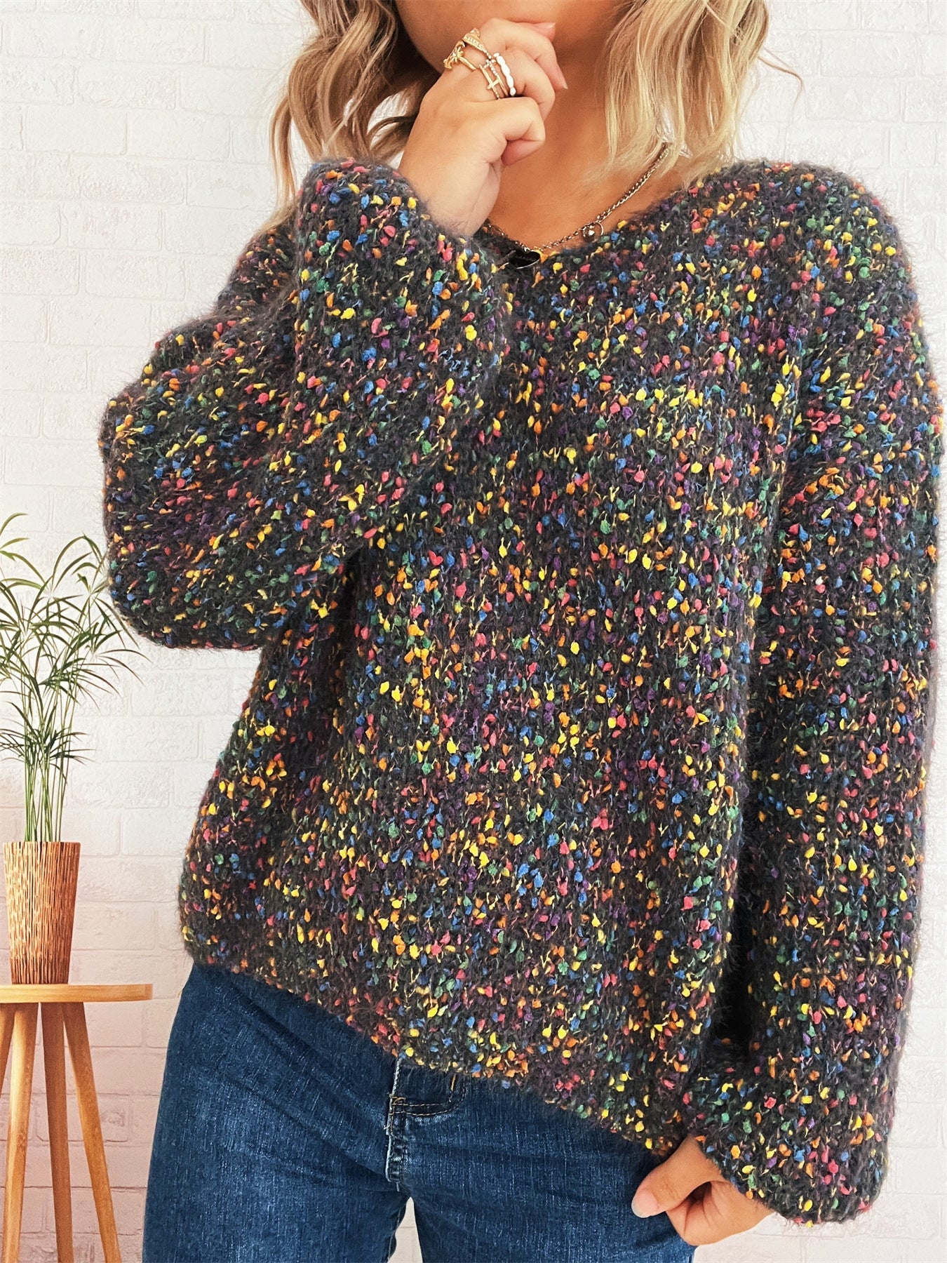 Damen komfortabler Strickpullover mit buntem Strukturmuster und weit geschnittenen Ärmeln R&B