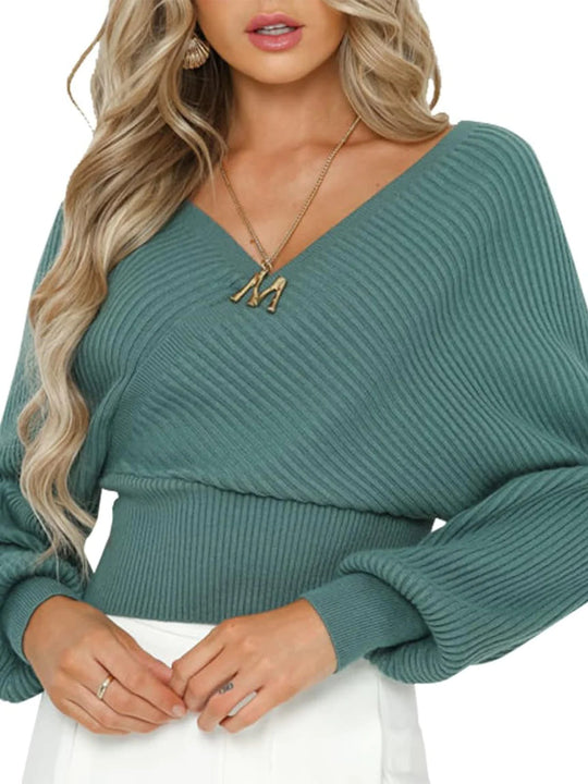 Damen lässiger V-Ausschnitt Pulli mit breiten Ärmeln und Rippstruktur R&B