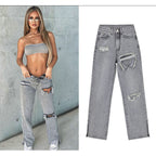 Damen lässige Ripped Jeans mit hoher Taille und modernen Fransen R&B
