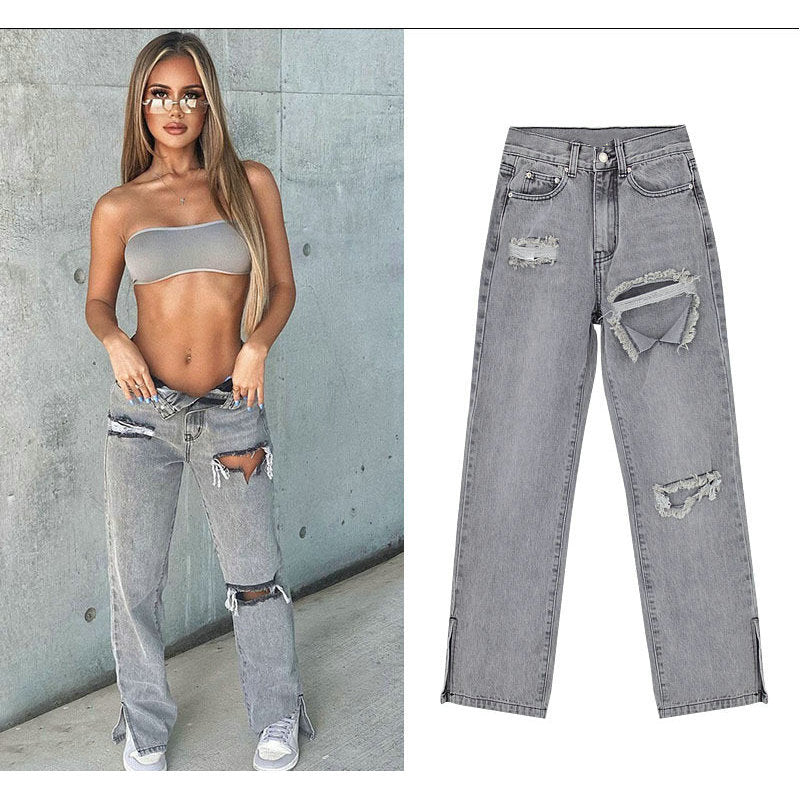 Damen lässige Ripped Jeans mit hoher Taille und modernen Fransen R&B