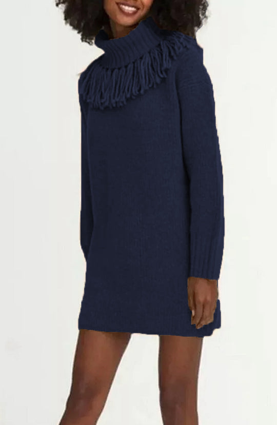 Damen Strickkleid mit hohem Rollkragen und modischen Fransen R&B