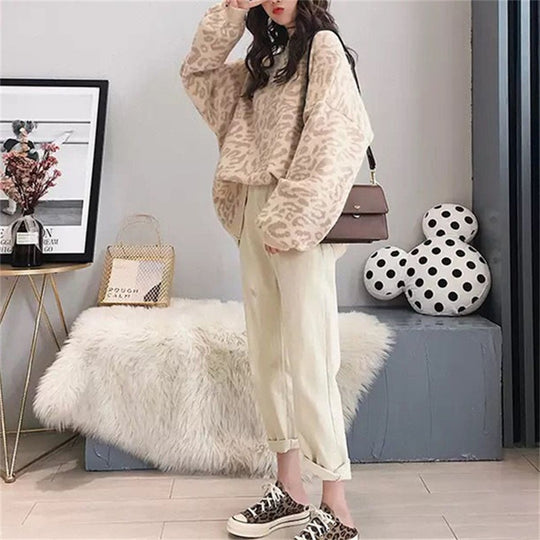 Damen Oversized Strickpullover mit Leopardenmuster und weichem Material R&B