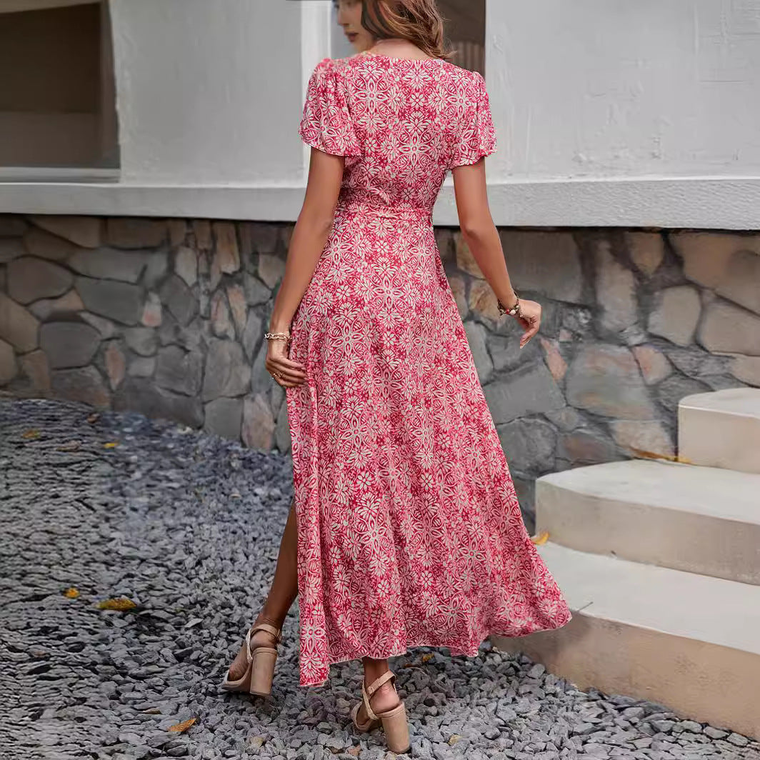 Damen Maxikleid mit asymmetrischen Saum und floralem Design R&B