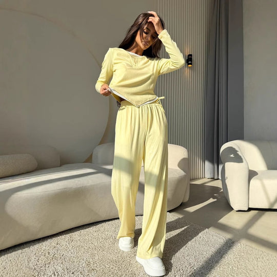 Damen lässiges Freizeit-Set mit Knopfdetails und elastischem Bund R&B