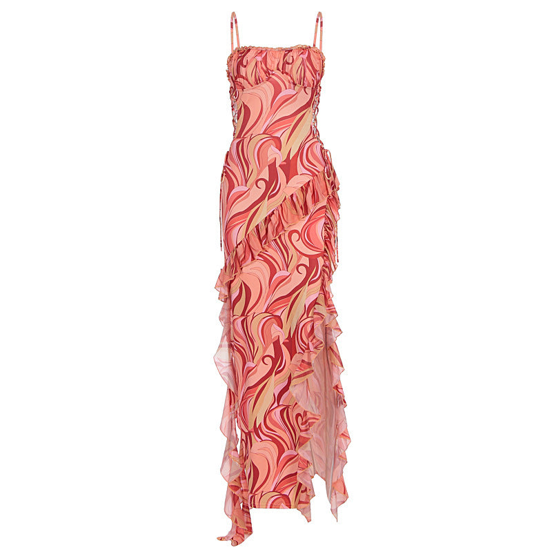 Damen Maxi-Kleid mit Rüschendetails und fließendem Muster R&B