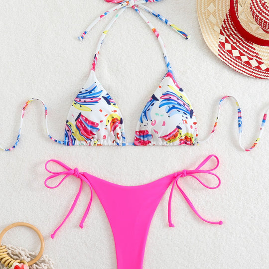 Damen Triangel-Bikini mit verspieltem Farbdesign und verstellbaren Bindebändern R&B