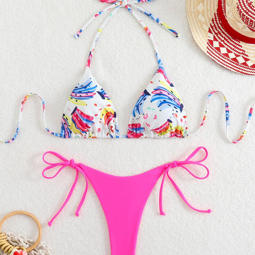 Damen Triangel-Bikini mit verspieltem Farbdesign und verstellbaren Bindebändern R&B