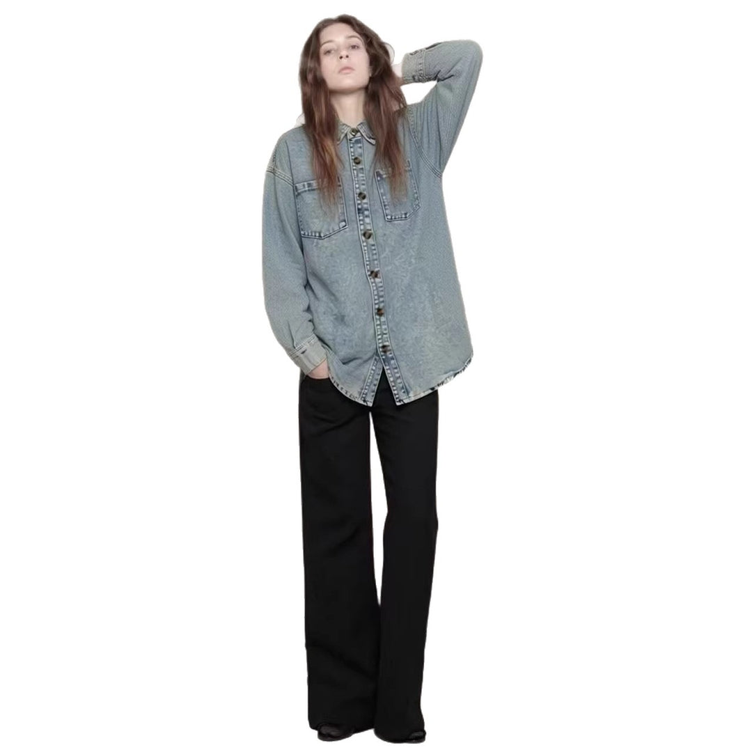 Damen Oversized Denim-Hemd mit aufgesetzten Taschen R&B