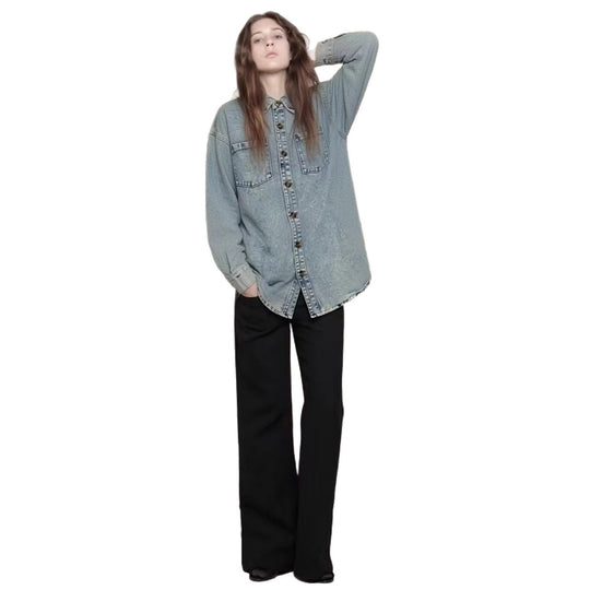 Damen Oversized Denim-Hemd mit aufgesetzten Taschen R&B