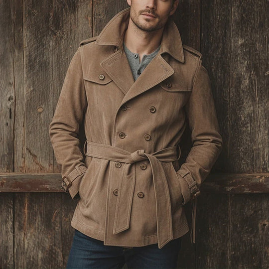 Herren elegante Wildlederjacke mit Gürtel und klassischem Schnitt