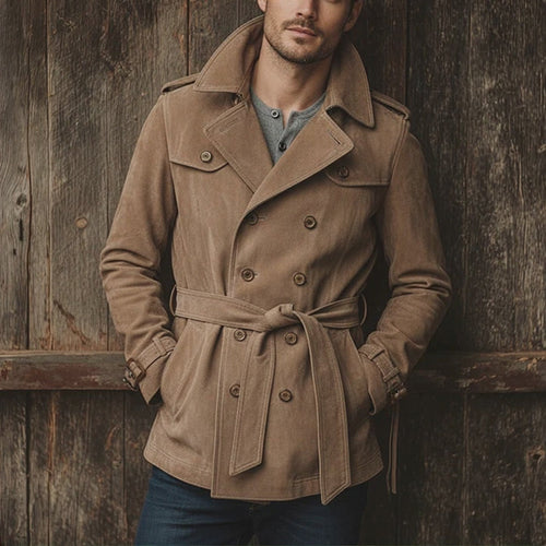 Herren elegante Wildlederjacke mit Gürtel und klassischem Schnitt