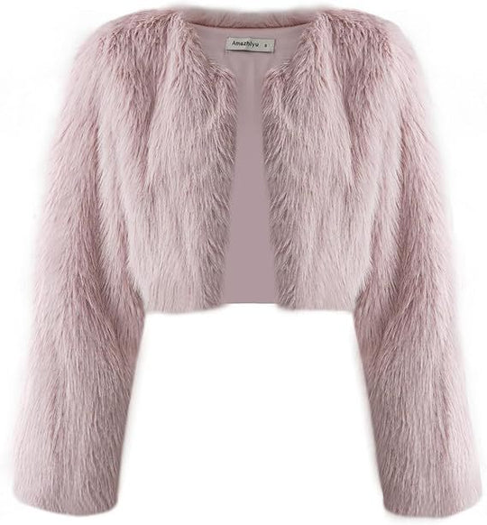 Damen Kurze glamouröse Kunstfelljacke mit lockeren Ärmeln R&B