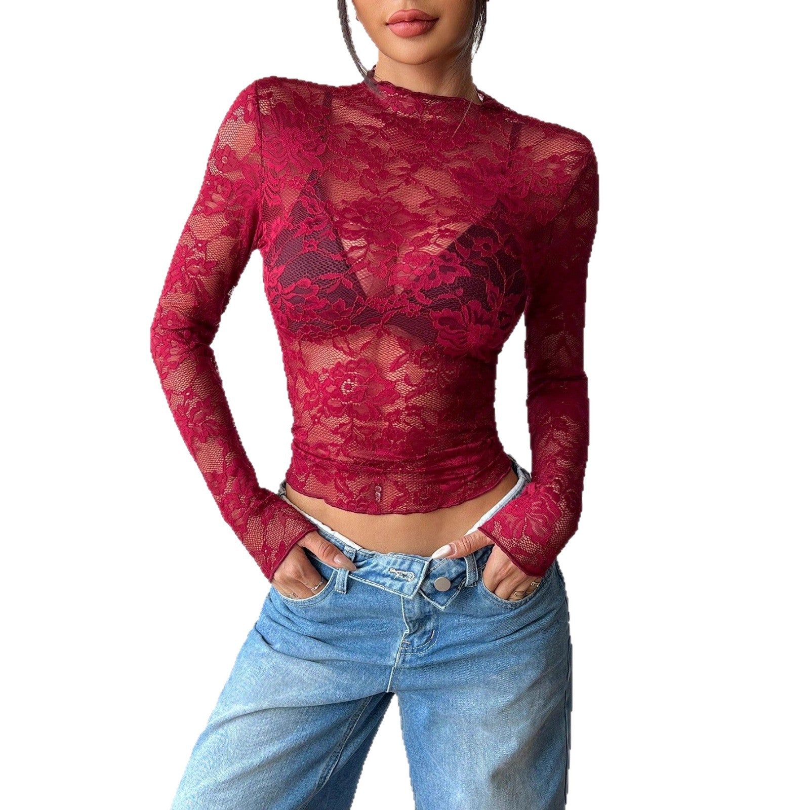 Damen nan figurbetontes transparentes Spitzen-Crop-Top mit hochgeschlossenem Kragen und integrierter Bustier-Form R&B