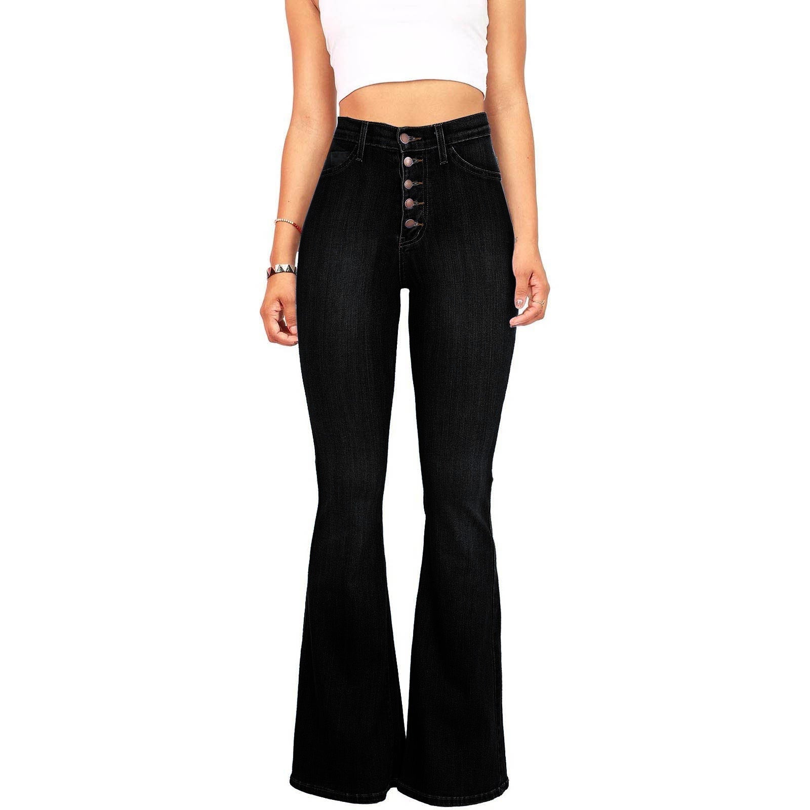 Damen Flared Jeans mit hohem Bund und dekorativer Knopfleiste R&B