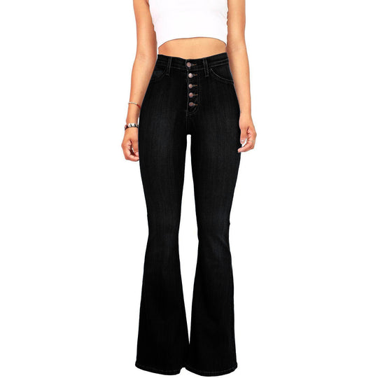 Damen Flared Jeans mit hohem Bund und dekorativer Knopfleiste R&B