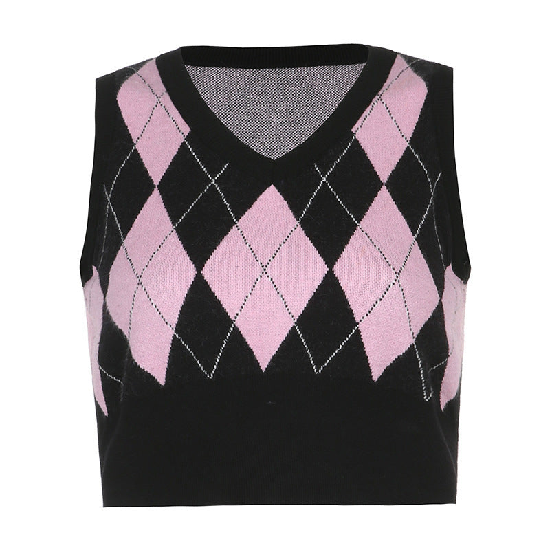 Damen cropped Stricktop mit modernem Rautenmuster R&B