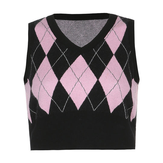 Damen cropped Stricktop mit modernem Rautenmuster R&B