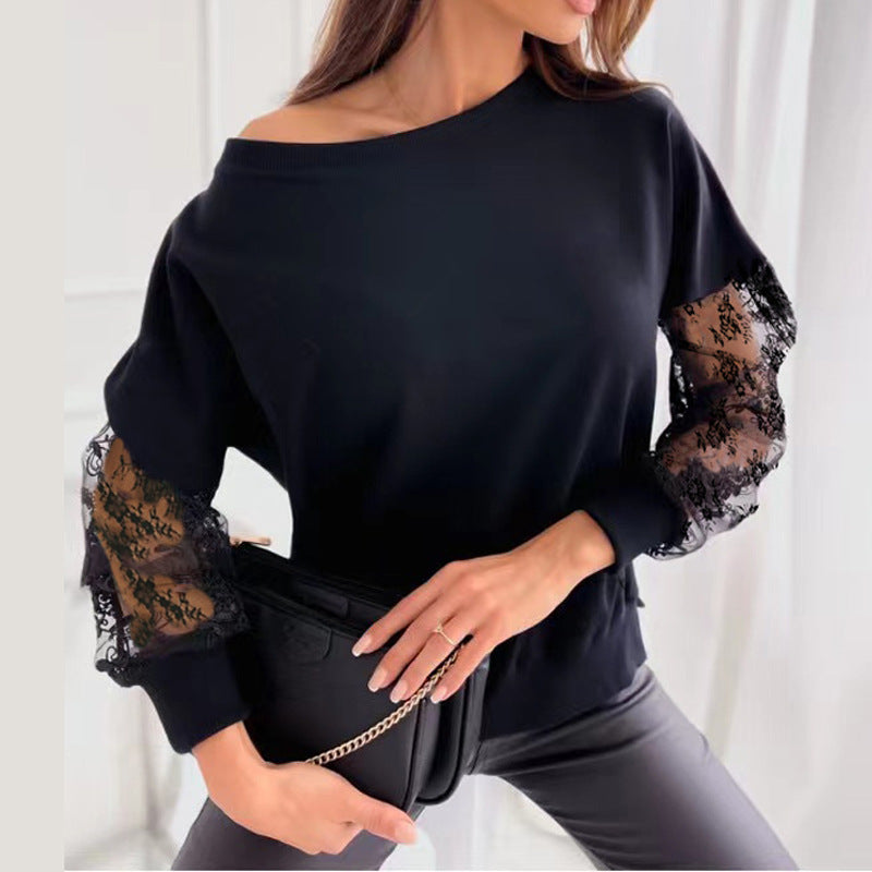 Damen eleganter Pullover mit transparenten Spitzenärmeln und asymmetrischem Ausschnitt R&B