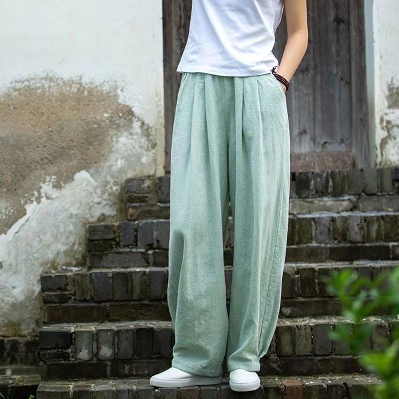 Damen weite Leinenhose mit elastischem Bund und seitlichen Taschen R&B