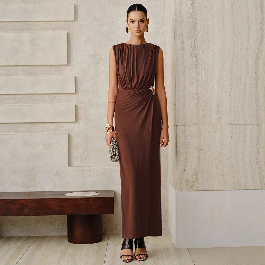Damen Satin Maxikleid ärmellos mit Raffungen