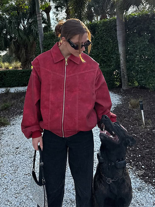 Damen Kunstlederjacke mit voluminösen Ärmeln und hohem Kragen R&B