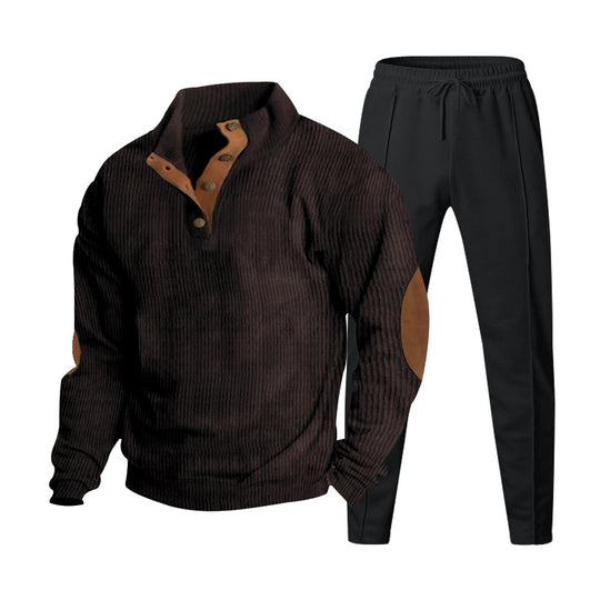 Herren nan gerippter Henley-Freizeitanzug mit dekorativer Knopfleiste und Wildleder-Ellenbogenpatch konisch geschnittene Jogginghose R&B