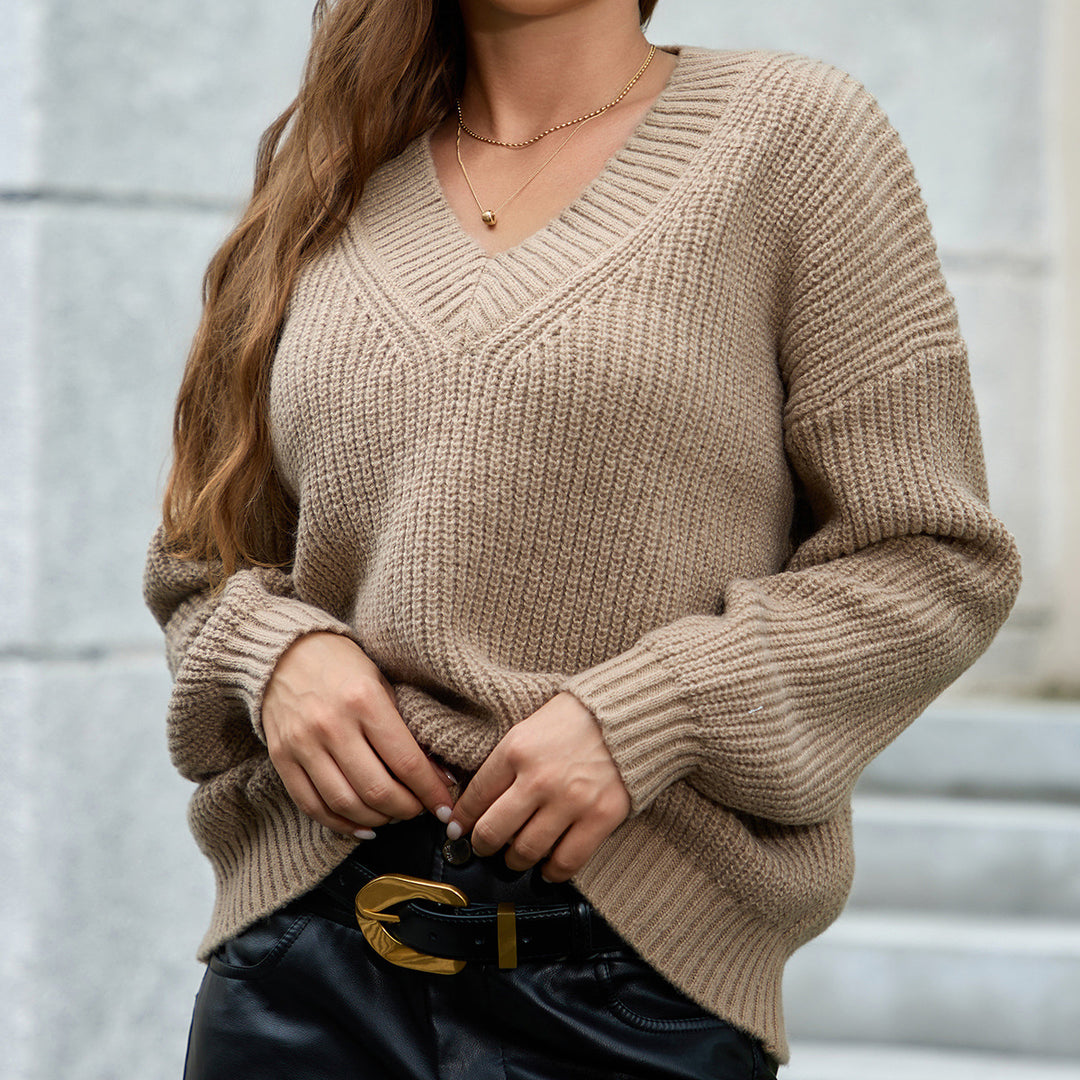 Damen gemütlicher V-Ausschnitt Strickpullover mit lockerem Schnitt und strukturiertem Muster R&B