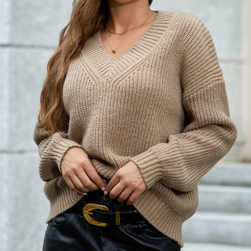 Damen gemütlicher V-Ausschnitt Strickpullover mit lockerem Schnitt und strukturiertem Muster R&B