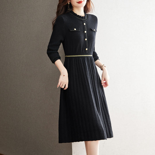 Damen Strickkleid mit eleganter Rückenansicht und hochgeschlossenem Kragen R&B
