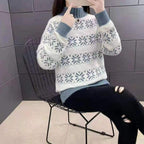 Damen Strickpullover mit modernem Schneeflocken-Muster und Stehkragen