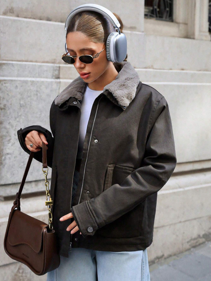 Damen lässige Übergangsjacke mit Kunstfellkragen und praktischen Taschen R&B