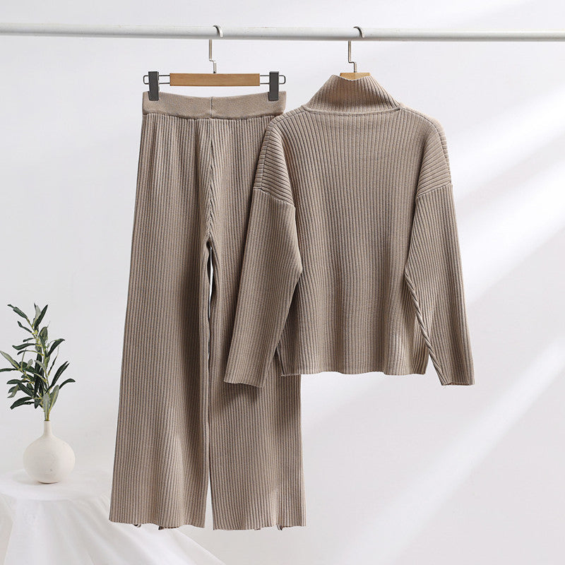 Damen lässiges Strickensemble mit hohem Kragen und seitlichen Schlitzen R&B