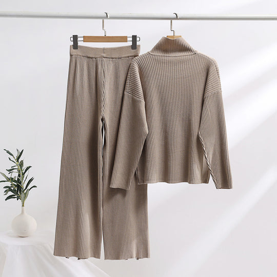 Damen lässiges Strickensemble mit hohem Kragen und seitlichen Schlitzen R&B