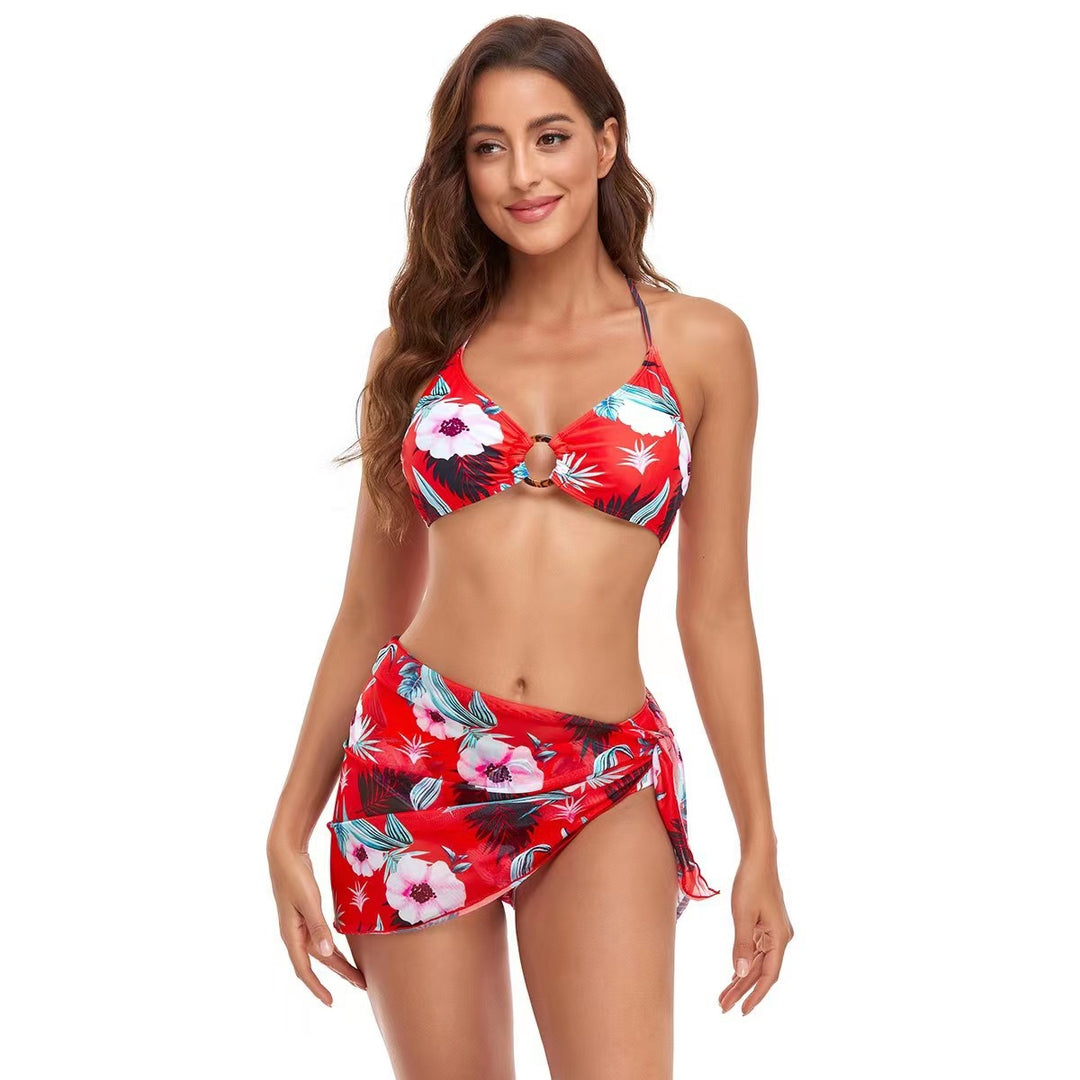 Damen Triangel-Bikini-Set mit modischem Wickelrock und floralem Design R&B