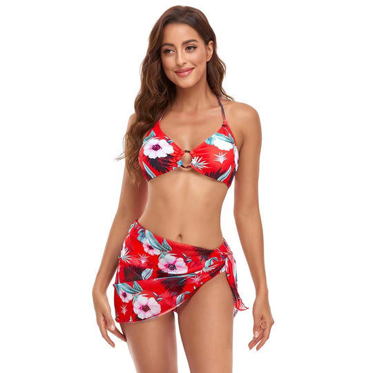 Damen Triangel-Bikini-Set mit modischem Wickelrock und floralem Design R&B