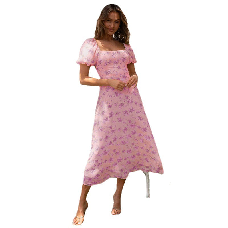 Damen Midikleid mit Puffärmeln und elegantem Blumendruck R&B