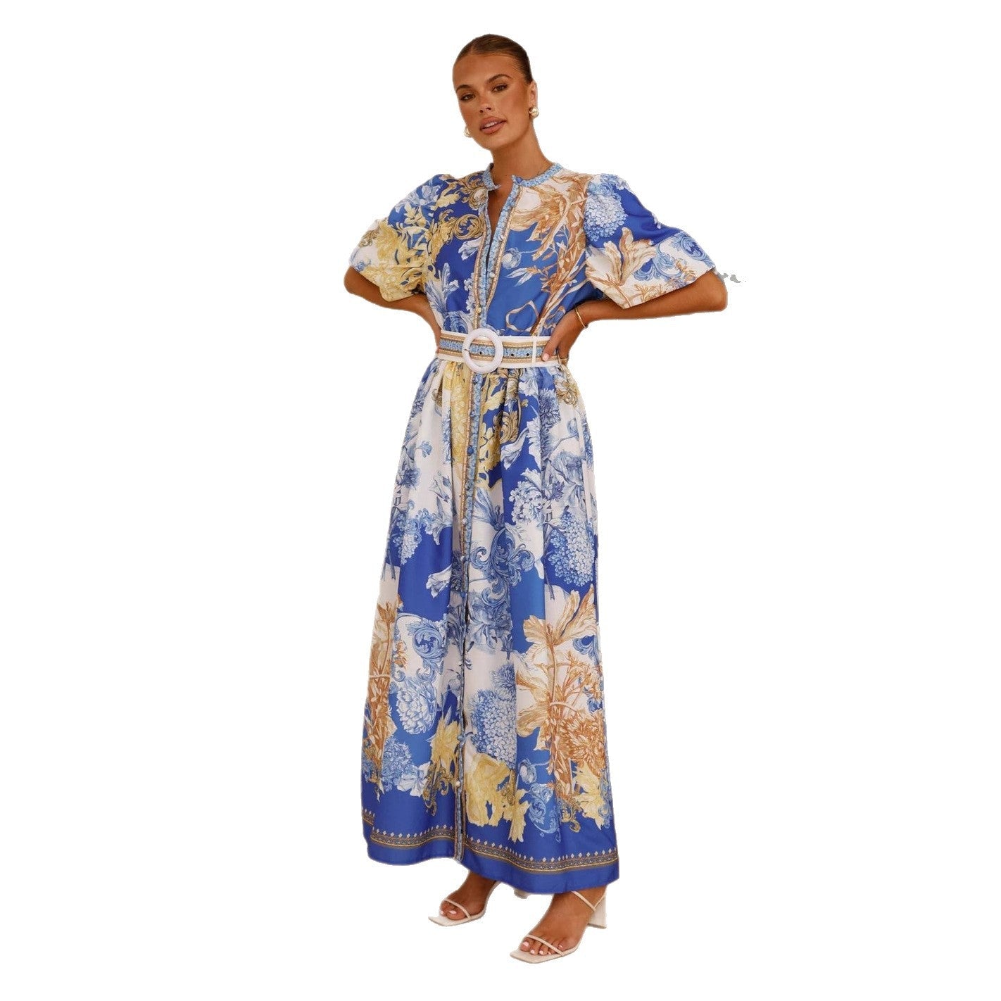Damen Maxikleid mit floralem Knopfleisten-Design und tailliertem Gürtel R&B