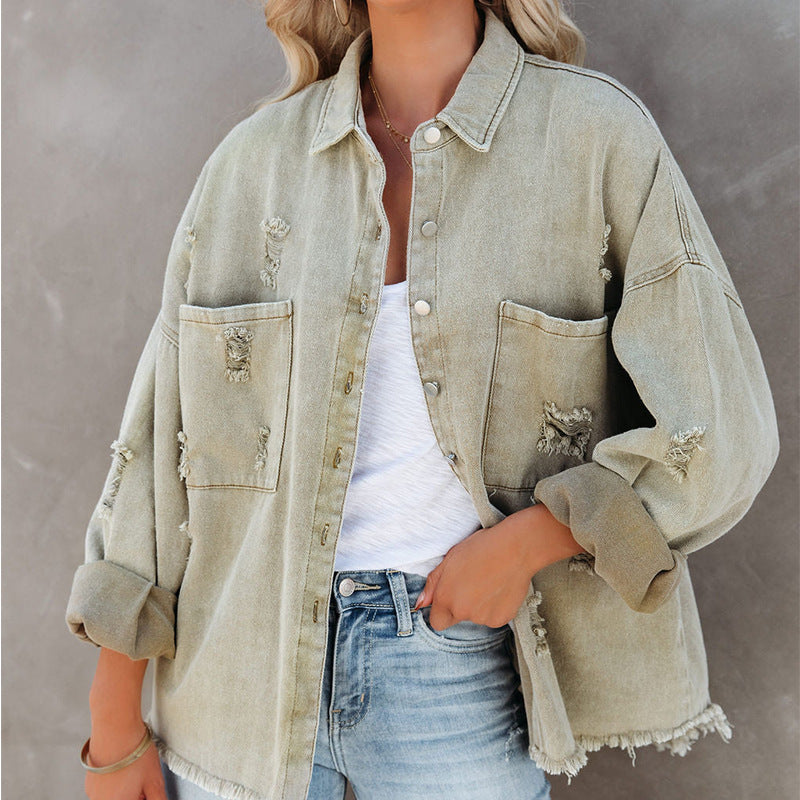 Damen Oversized Denim-Bluse mit Fransen R&B