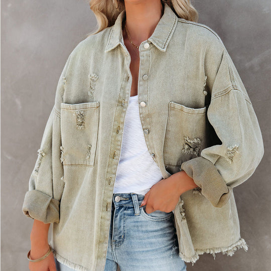 Damen Oversized Denim-Bluse mit Fransen R&B